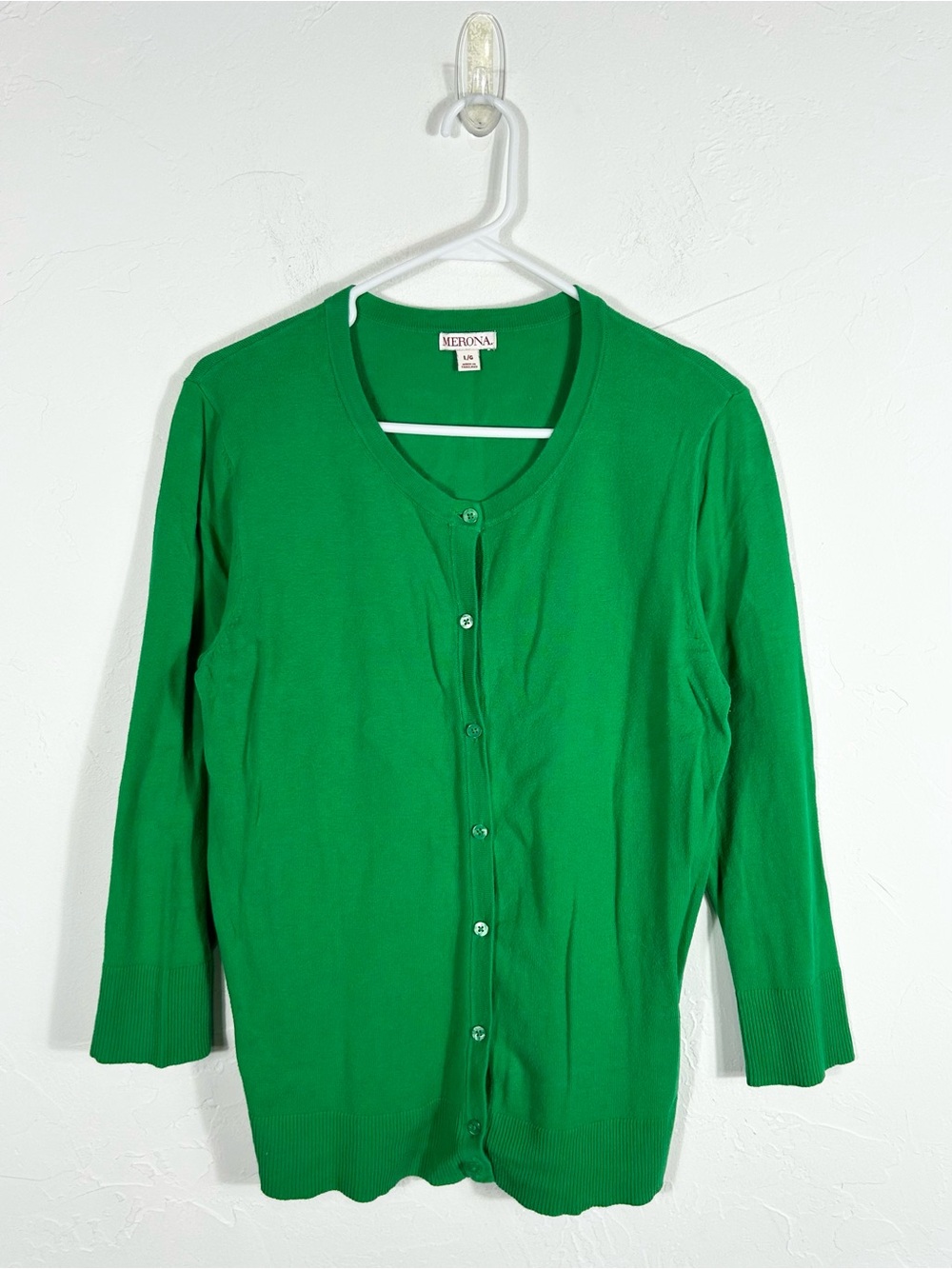 Merona Kelly Green Button Up Cardigan Sweater Size L Crew Neck 3/4 Sleeve